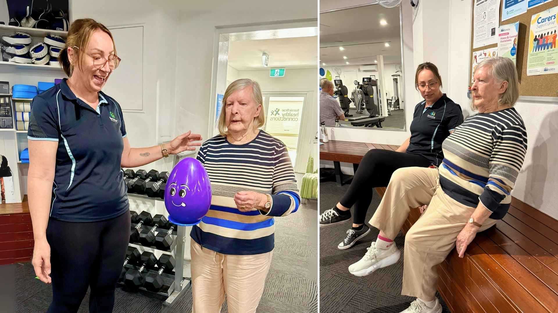 Burnie Brae Healthy Connections Exercise Physiologist with senior client, exercising and testing balance.